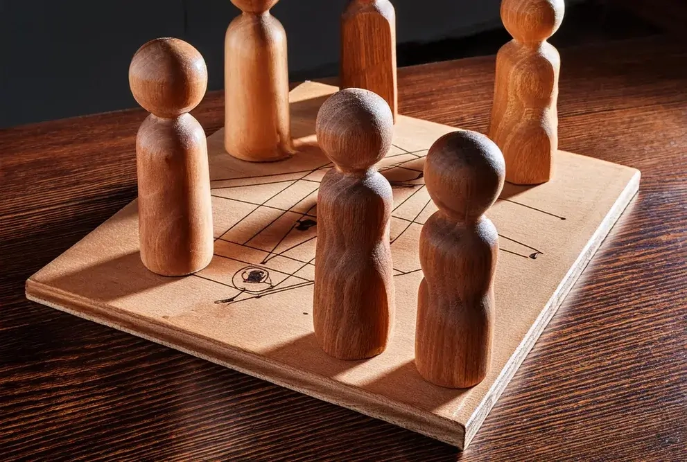 Familienaufstellung mit Figuren aus Holz, Austellungsfiguren in Ahnenreihe für systemische Psychotherapie mit der Brettaufstellung auf einem tisch