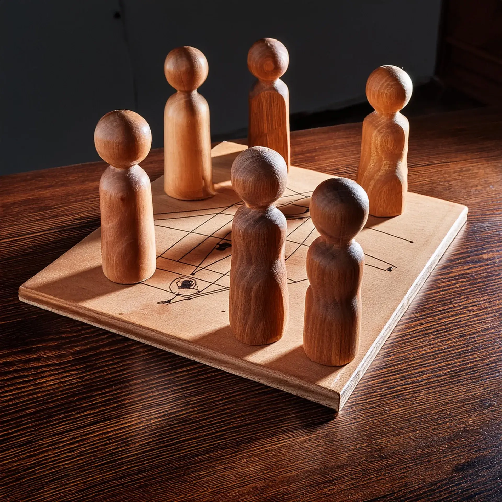 Familienaufstellung mit Figuren aus Holz, Austellungsfiguren in Ahnenreihe für systemische Psychotherapie mit der Brettaufstellung auf einem tisch